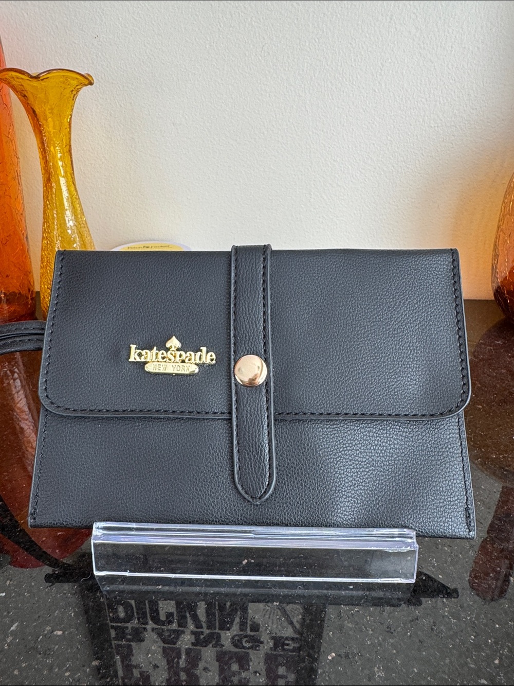 kate spade Black Leather Crossbody Wallet Clutch with Gold Logo
